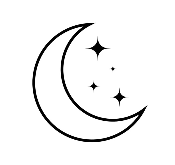 Ay simgesi. Yıldızlı ay çizgisi. Gece için hilal. Gökyüzü, ışık, uyku ve akşam için piktogram sembolü. İyi geceler ve astronomi için basit bir çizim. Vektör.