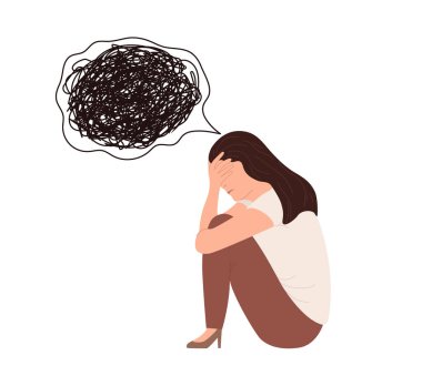 Woman in depression and has sad think. Woman in a sad and anxious state holding her head. Tired young girl with chaos in her mind. Vector illustration.