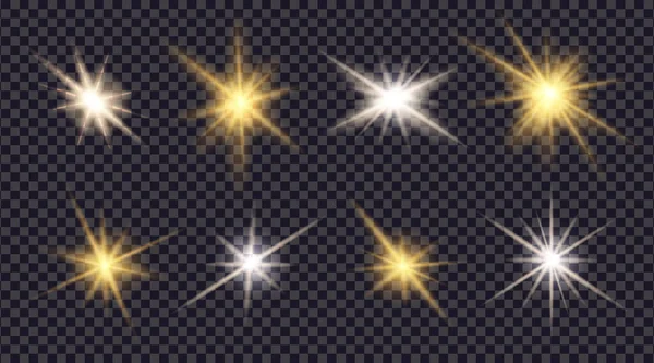 Glare flare lights. Golden lens effects on transparent background. Bright spark star or glitter sparks of sun or camera. Shining sunlight ray. Magic burst beam isolated. vector illustration