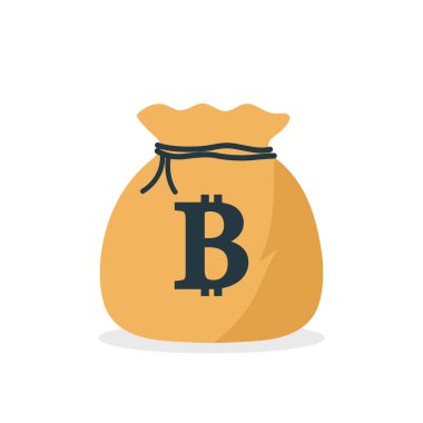 Bitcoin şifreli para birimi. Bitcoin parasıyla dolu bir çanta. Bitcoin 'in sembolü. Beyaz arka planda kripto para birimi olan para çantası simgesi. Mali tabela. Vektör.
