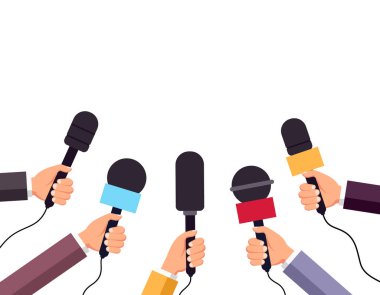 Mikrofon tutan eller. Haberler, röportaj, televizyon yayını, muhabir danışmanı. Paparazzi bayrağı, gazetecilik, basın toplantısı. vektör illüstrasyonu