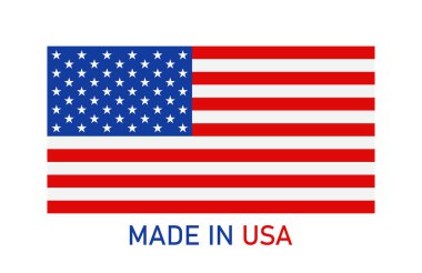 Amerikan malı. Rozet için Amerika bayrağı simgesi, ürün logosu. Amerikan pulu, afiş, etiket ve üretim ürünü çıkartması. Kalitenin özgün simgesi, bizim özgünlüğümüz. Ulusal etiket. Vektör.