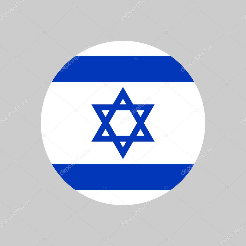 Israel flag. Circle of israeli official national flag. Round icon of judaism and hebrew. Blue david star on white background. Banner of israel country. National symbol for israelian hanukkah. Vector.