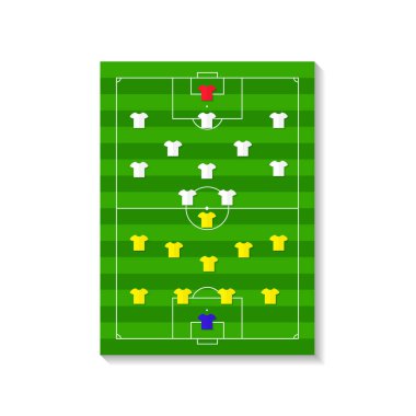 Futbol takımı formasyon planı. Futbol sahasında takımla birlikte futbol stratejisi oluşturun. Infographic ve oyuncuları olan oyun tahtası. Maçta taktik. Vektör.