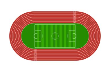 Koşu pisti Futbol sahası. Futbol için stadyum ve raylı koşucu. Olimpiyat oyunları için saha ya da spor arenası. Çizgili yarış pisti, 8 yol, başla ve bitir. Vektör.