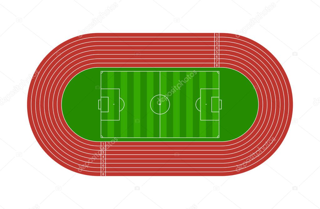Run track. Football arena. Stadium for soccer and runner with tracks. Field or sport athletic arena for olympic game. Racetrack with line, 8 pathways, start and finish. Vector.