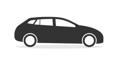 Araba ikonu. Otomobil silueti. Otomobilin siyah piktogram sembolü. Hatchback mi, minibüs mü? Beyaz arkaplanda izole edilmiş basit bir modern simge. Araç düz çizim. Vektör.