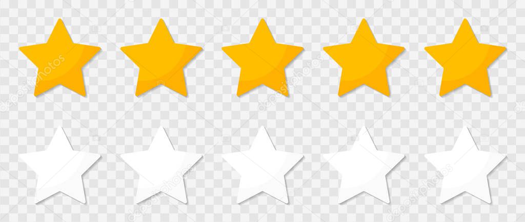 Five stars isolated on transparent background. 5 gold and white stars for review, rating and rank. Yellow and white flat icons with shadows. Vector illustration for logos.