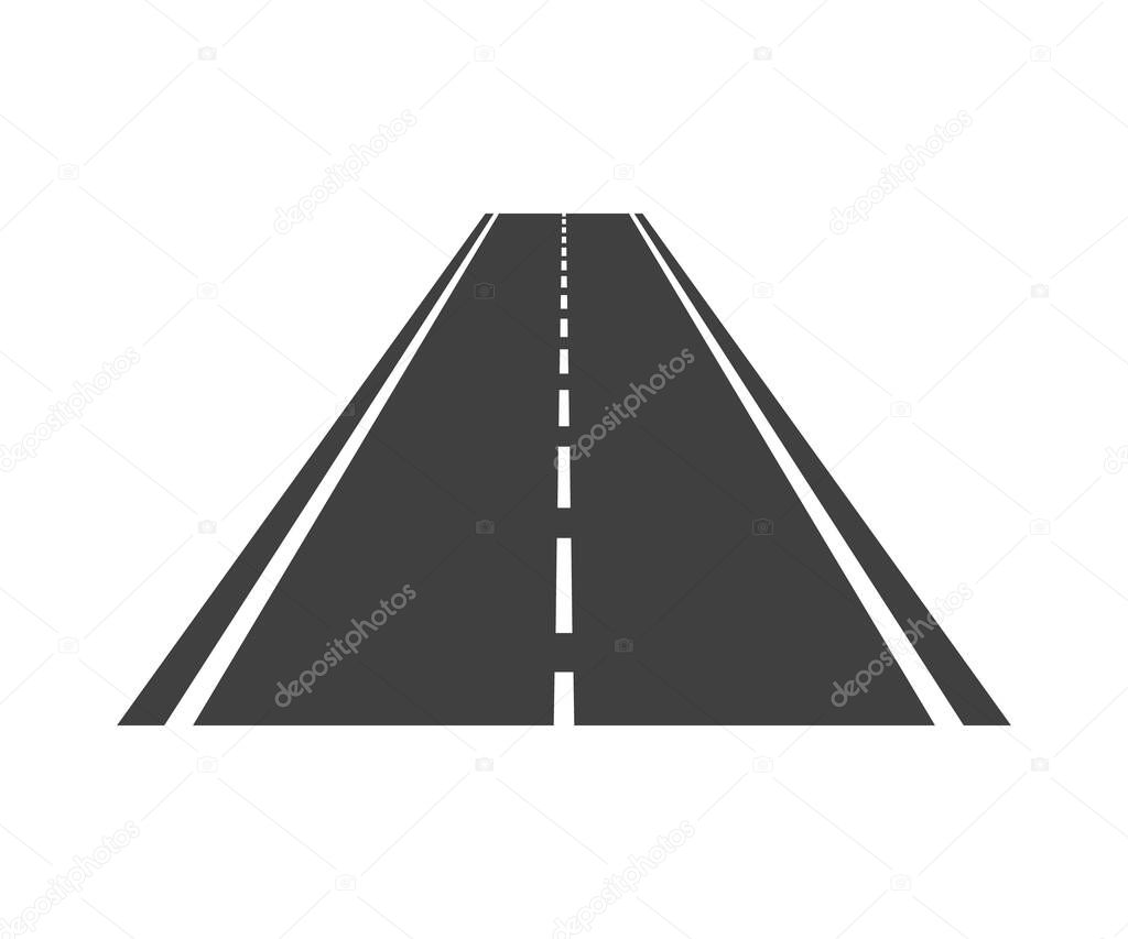 Road icon. Straight asphalt highway. Line of perspective way. Road forward. Path for truck and car. Vector.