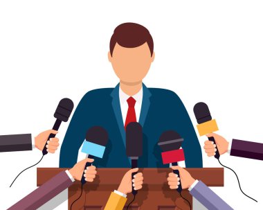 Basın toplantısı. Medya gazetecisinin mikrofonu basın konferansında. Politika haberlerindeki TV muhabiri. Muhabir için mikrofon tutan eller. Sosyal, politikacı, iş haberleri. Vektör.