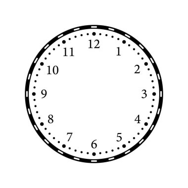 Saat tuşlu yüz. Sayılarla dolu yuvarlak nöbetçi suratı. Beyaz arkaplanda izole edilmiş saat arama şablonu. Clockface 'in duvar tasarımı. Klasik ve klasik geri sayım. Vektör.