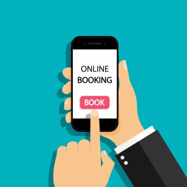 İnternetteki otel kitabıyla el ele tutuşan telefon. Otel rezervasyonu, bilet ve uçuş. Online rezervasyon için başvurusu olan akıllı telefon. İş simgesi, pazarlama ve kira hizmeti. Vektör.