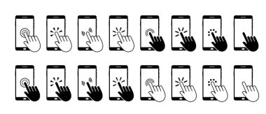 Akıllı telefondan imleci tıklayın. Dokunmatik ped ve ellerle telefon. Dokunmatik ekranda tıklamak için parmakları olan cep telefonu simgeleri. Cep telefonundan ekrana ver. Vektör.