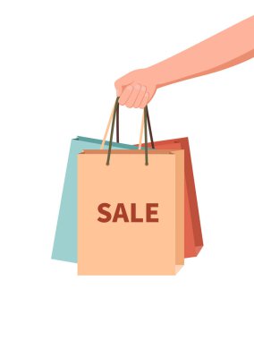 El ele tutuşma çantası. El ele tutuşan alışveriş çantası. Alış veriş için butikte indirim teklifi. Kadın kolu al. Satış konsepti için düz moda afişi. Vektör.