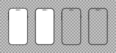 Telefon modeli şeffaf arkaplanda izole edildi. Siyah ekranlı akıllı cep telefonu. Akıllı telefon simgelerini özetle. Çizgi çerçevesi oluşturun. Boş cihazlar. Vektör.