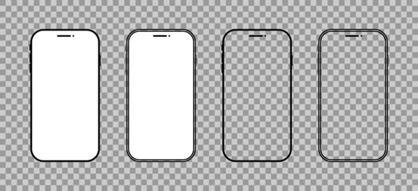 透明な背景に隔離された電話のモックアップ 黒い画面のスマートフォン 概要スマートフォンのアイコン ラインフレームでモックアップします 空の装置だ ベクトル — ストックベクタ