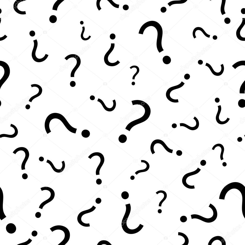 Question mark seamless pattern. Question mark texture on white background. Sign of interrogation. Graphic abstract background with random repeated of punctuation. Vector.