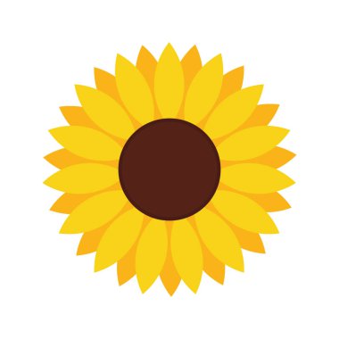 Ayçiçeği ikonu. Beyaz arka planda izole edilmiş düz bir ayçiçeği. Güneş çiçeği silueti. Sarı logoyu daire içine al. Grafik çizimi. Vektör.