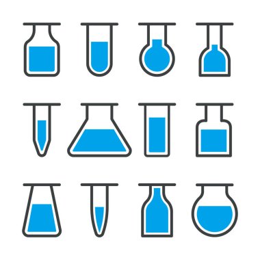 Laboratuvar simgesi. Laboratuvarda test için deney tüpü ve matara. Bilim ve kimya için tıbbi tüp. Kimyasal, eczane, toksik ve genetik bilimsel araştırmalar için ekipman. Biyolojinin sembolü. Vektör.