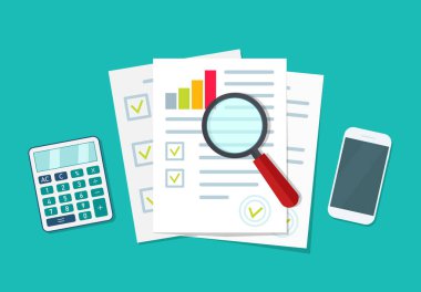 Denetim simgesi. Finansal araştırma ve rapor. Doğrulama verileri ve analiz sonuçlarıyla birlikte belge. Denetçi, muhasebeci kağıtları kontrol ediyor. Seo analitik, kontrol kalitesi ve gözden geçirme için dosya üstüne dosya. Vektör.