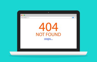 404 hatası. Sayfa internette bulunamadı. Dizüstü bilgisayar ekranında ağ çöker. Bilgisayarda ağ ya da web sitesi çöktü. Tarayıcıda sorun mesajı. Ethernet bağlantısı ya da ev sahipliği ölümü. Vektör.