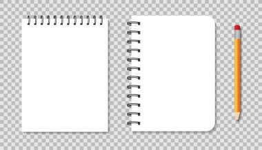 Sarmalı defter. Metalik ciltli boş not defteri. Kurşun kalemle yazılmış beyaz günlük. Şeffaf arkaplanda izole edilmiş gerçekçi kare kopya defteri şablonu. Not olarak çizim defteri. Vektör.