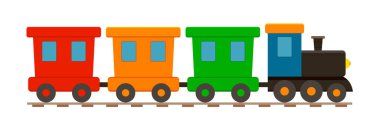 Tren oyuncağı. Çocuk için lokomotif. Çocuk için çizgi film motoru, araba, tekerlek ve demiryolu. Tren beyaz arka planda izole edilmiş. Tatil, doğum günü ve dükkan için şirin bir ikon. Çocuk taşıma oyunu. Vektör.