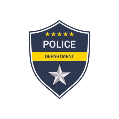 Polis rozeti. Polis departmanının kalkanı. Polis memurunun rozeti. Şerifin amblemi. Güvenlik, hukuk, koruma, dedektif, devriye ve polis sembolü. Üniforma için etiket ve logo. Vektör.