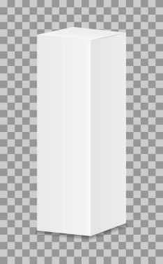 Paket modeli. Kozmetik, diş macunu ve ilaç için 3D beyaz kutu. Tüpler için karton dikdörtgen kutu şablonu. Şeffaf arkaplanda boş bir karton izole edilmiş. Ürün ambalajı. Vektör.