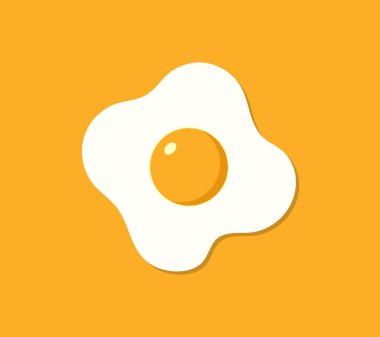 Yağda yumurta. Tavuk yumurtası pişir. Kahvaltıda kızarmış yumurta sarısı ve protein. Sağlıklı yiyecekler için çizgi film ikonu. Turuncu arka planda omlet. Yemek pişirme, yemek tarifi, sağlıklı beslenme için logo. Lezzetli yemek. Vektör.