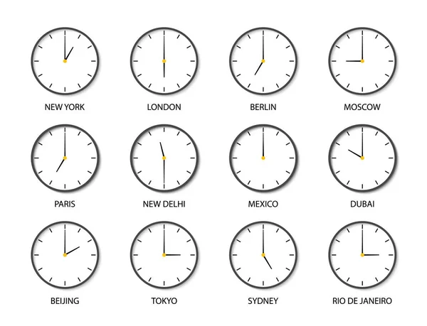 Reloj Con Hora Diferentes Zonas Del Mundo Iconos Del Reloj — Vector de stock