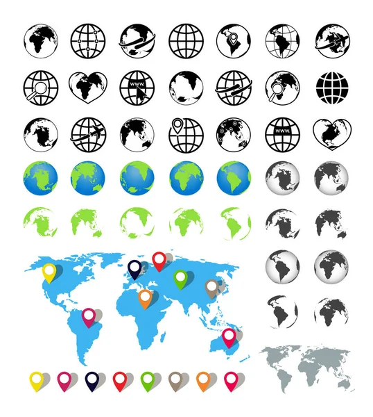 World Maps Globes Icons Earth Global Map Countries Continents Oceans —  Vetores de Stock