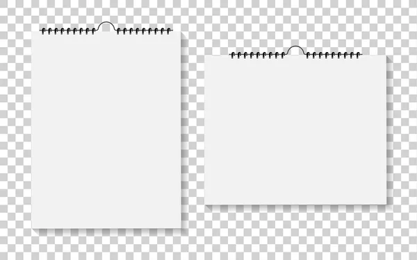 スパイラルのバインドされたノートブックやカレンダー メモ帳のモックアップと壁のカレンダー 透明背景に分離されたノートとメモのための紙パッド リングとカバー付きホワイトブランクのスケッチパッド ベクトル — ストックベクタ