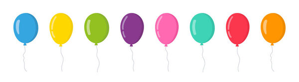 Balloon in cartoon style. Bunch of balloons for birthday and party. Flying ballon with rope. Blue, red, yellow and green ball isolated on white background. Flat icon for celebrate and carnival. Vector