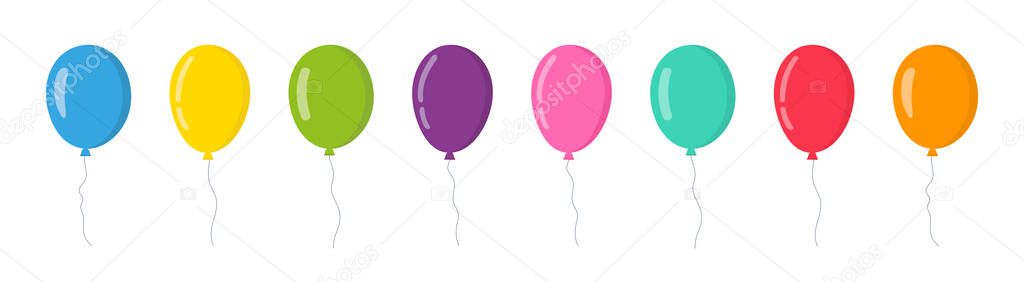 Balloon in cartoon style. Bunch of balloons for birthday and party. Flying ballon with rope. Blue, red, yellow and green ball isolated on white background. Flat icon for celebrate and carnival. Vector