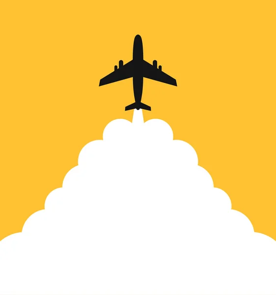 有文字背景的平面 带有白云和文字背景的起飞飞机 摘要分析了飞机的飞行路径 有航线的轮廓飞机 — 图库矢量图片