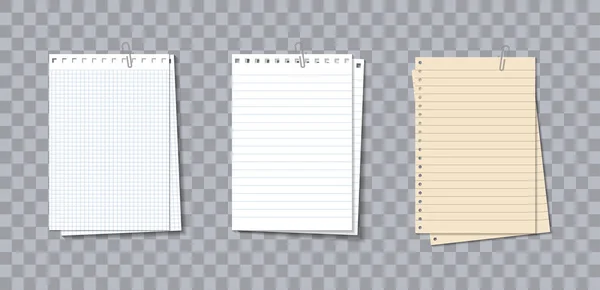 备注备忘录文件 不同的笔记本夹子 带有线条和网格的记事本 通知和文字用的小纸片 在透明的背景下孤立的现实的单张 — 图库矢量图片
