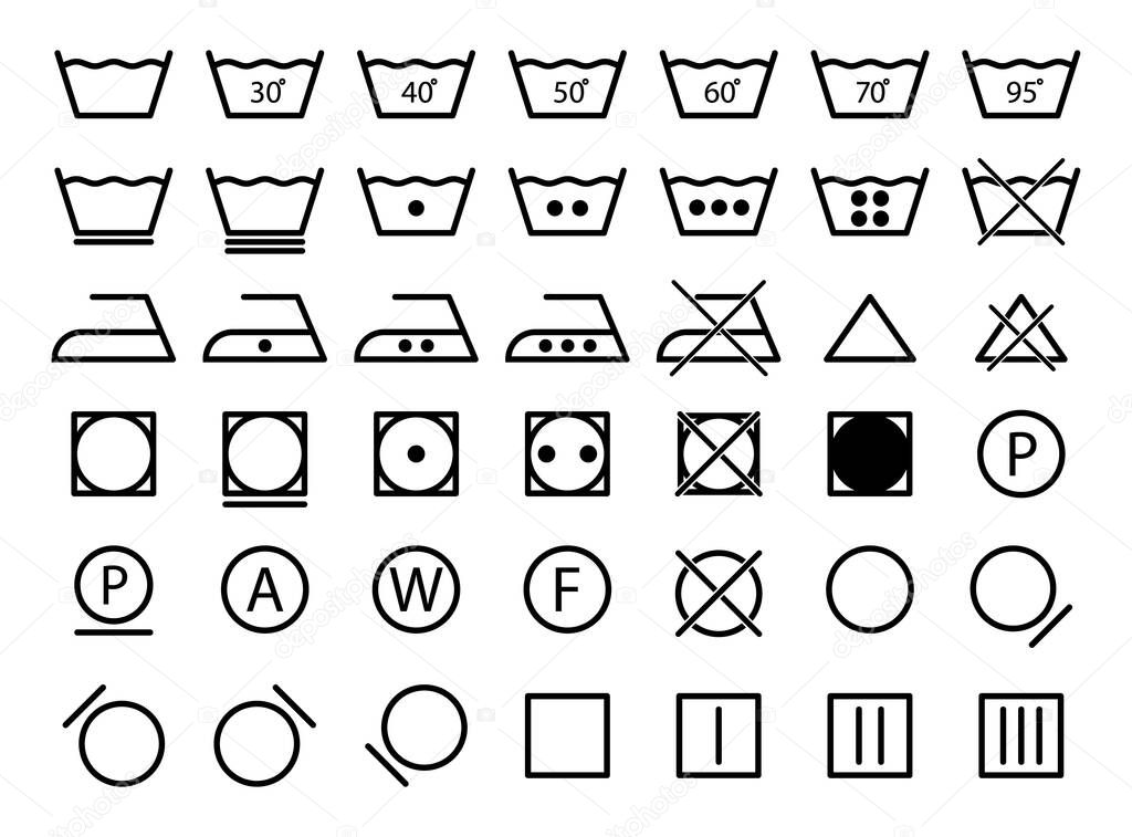 Laundry symbols. Laundry wash icons. Label for care of cloth. Set of pictogram symbols for wash machine and iron dry. Signs of instruction and warning for textile. Vector.
