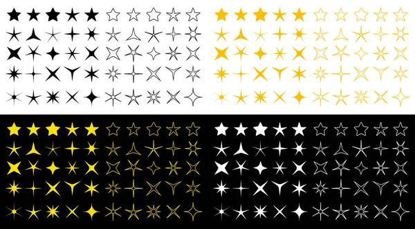 孤立した星のアイコン 休日やクリスマスのための輝きを持つアウトライン輝く星のセット フィードバックや装飾のための光沢のあるグラフィックシンボル 魔法のロゴの黄色 黒と白のシルエット ベクトル — ストックベクタ
