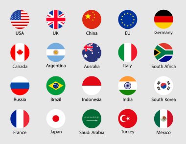 G20 ülke bayrakları. G20 yuvarlak simgeler. Çin, Kore, Brezilya, Meksika, ABD, Japonya, Endonezya, Kanada, Fransa, Arjantin, Suudi Arabistan, Hindistan, Almanya, Güney Afrika, İtalya, Avustralya, Türkiye, İngiltere. Vektör.