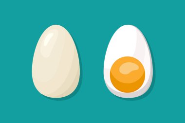 Yumurta. Haşlanmış yumurta. Mavi arka planda izole edilmiş pişmiş tavuk yumurtası ikonu. Tam ve yarım haşlanmış yumurta, sert kabuklu, protein ve sarısı. Yemek ve kahvaltı için düz vektör çizimi.