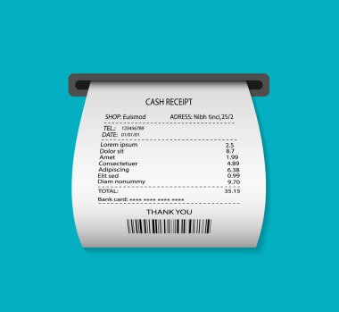 ATM 'den kağıt makbuzu. Süpermarkette yazıcı faturası. Nakit para ya da bilet bastırın. Ödemeden sonra ATM faturası. Satın alma listesiyle birlikte fatura. Mavi arka planda izole bir illüstrasyon. Vektör.
