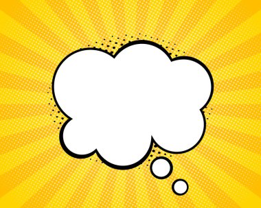 Popüler sanat arka planında çizgi roman konuşma kutusu. Sarı patlayan doku üzerine konuşma balonu. Karikatür bulut balonu. Yarım tonlu şirin afiş. Vektör.