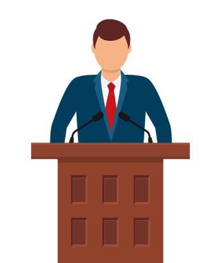 Kürsüye yakın bir adam. Takım elbiseli konuşmacı tribünde konuşma yapacak. Politikacı mikrofonla podyumdan konuşuyor. Kamu hatibi. Tribünde başkan ya da bakan. Vektör.