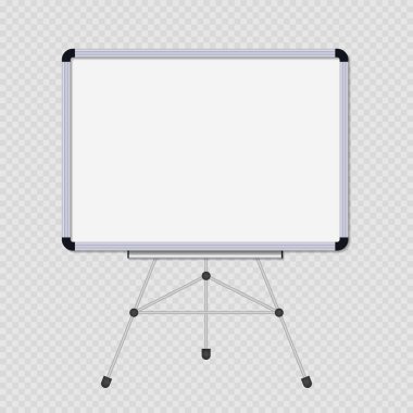 Üç ayaklı beyaz tahta. Whiteboard tripodun üzerinde duruyor. Sunum için boş tahta. Şeffaf arkaplanda izole edilmiş metal beyaz tahta modeli. Gerçekçi bir model. Vektör.