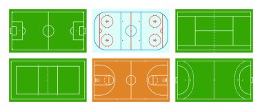 Spor sahaları. Spor atıcıları. Tenis, futbol, basketbol, hokey ve voleybol için stadyum. Oyun sahalarının üst görünümü. Rekabet için sınırları olan zemin zemin. Vektör.