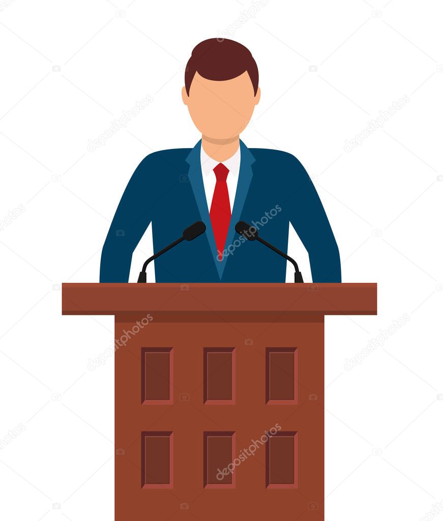 Man near podium. Speaker in suit stand on tribune for speech in conference. Politician speak from podium with microphones. Public orator. President or minister on tribune. Vector.