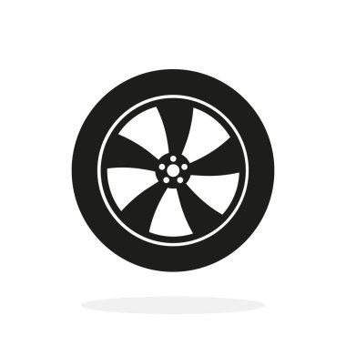 Tekerlek simgesi. Araba tekerleği beyaz arka planda izole edilmiş. Jant lastiği. Araba, kamyon ve otobüs lastiği. Otomobil parçaları için siyah düz logo. Basit yuvarlak sembol. Vektör.