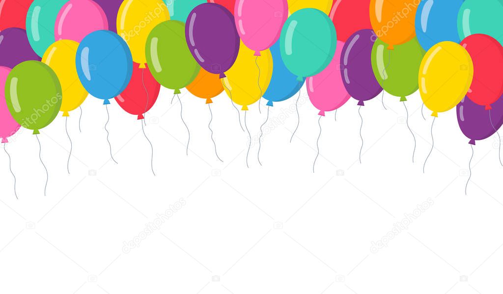 Balloon background. Balloons background with border for birthday, anniversary and party. Flat balloon group for celebration. Happy decoration. Colorful flying ballons. Vector.