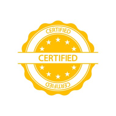 Onaylı pul. Sertifika mührü. Onaylı ve resmi pul. Patent, kalite ve sertifika için yuvarlak rozet. Doğrulanmış ürün için imzala. Garanti etiketi beyaz arkaplanda izole edildi. Vektör.